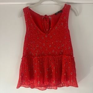Zara Pleated Chiffon Floral Polka Dot Top XS